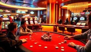 Experience the excitement of winning with online gambling at https://mm88.vin/ featuring poker tables and vibrant casino visuals.