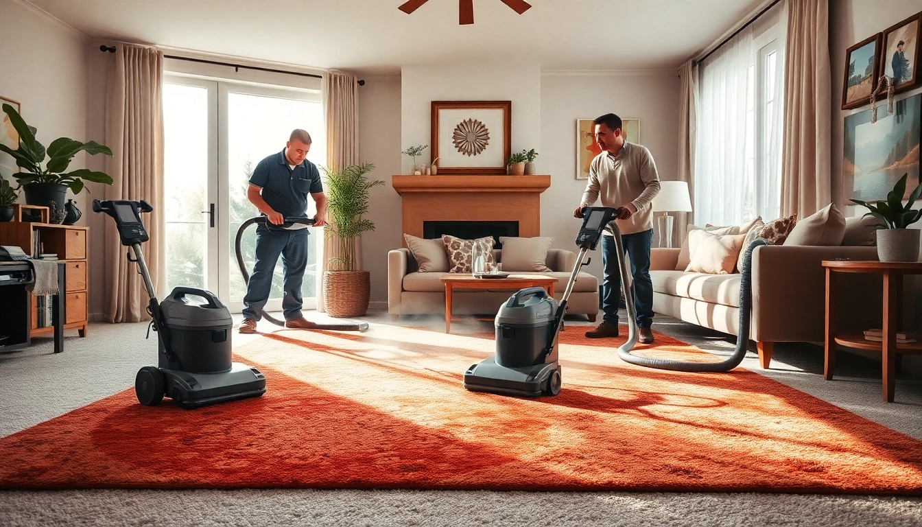 Carpet cleaners Roseville CA using professional equipment in a bright living room.