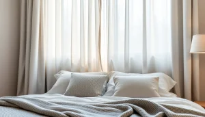 Verduisterende gordijnen creëren een rustige sfeer in de slaapkamer met zachte kleuren.