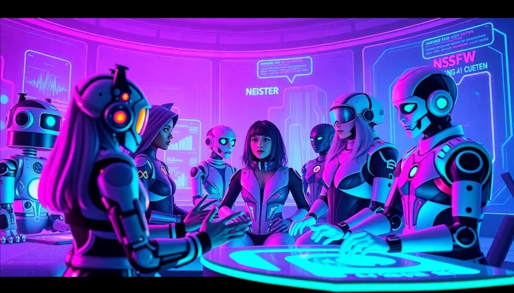 Engaging scene of users interacting with diverse NSFW AI chatbots in a neon-lit digital landscape.