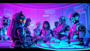 Engaging scene of users interacting with diverse NSFW AI chatbots in a neon-lit digital landscape.