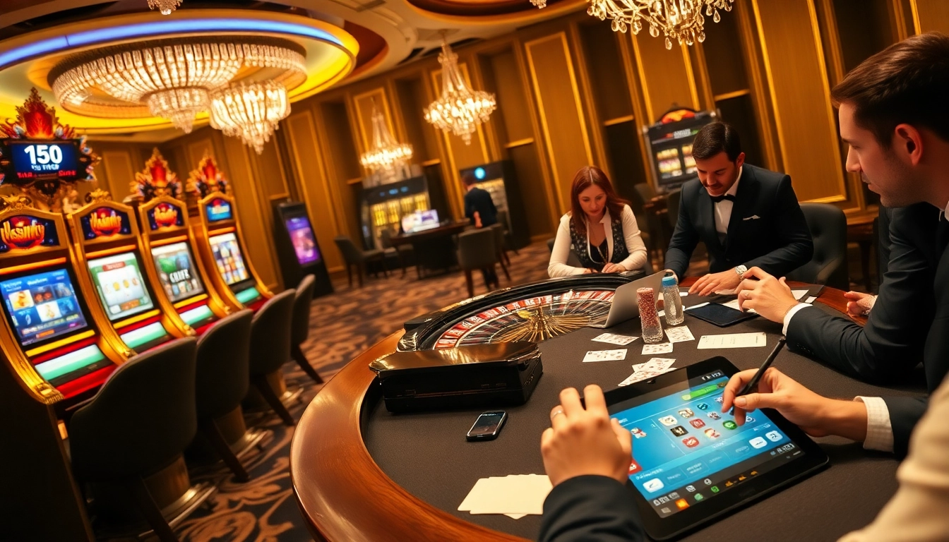Scène de casino en ligne excitante présentant une roue de la roulette, des machines à sous, et des joueurs engagés dans le poker.