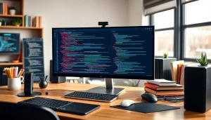 Analyze meta tags on a professional web development desk with coding snippets visible.