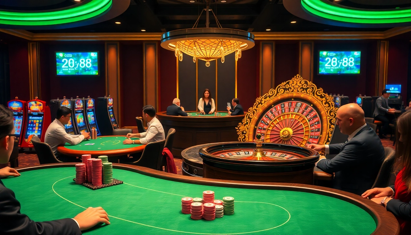 EE 88 casino scene with vibrant slot machines and poker tables, radiating excitement.