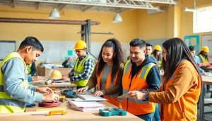Students participating in construction classes, showcasing hands-on learning and collaboration.