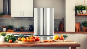 Refrigerator with sleek stainless steel design in a bright kitchen setting full of fresh vegetables.