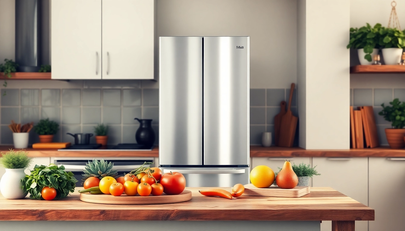 Refrigerator with sleek stainless steel design in a bright kitchen setting full of fresh vegetables.