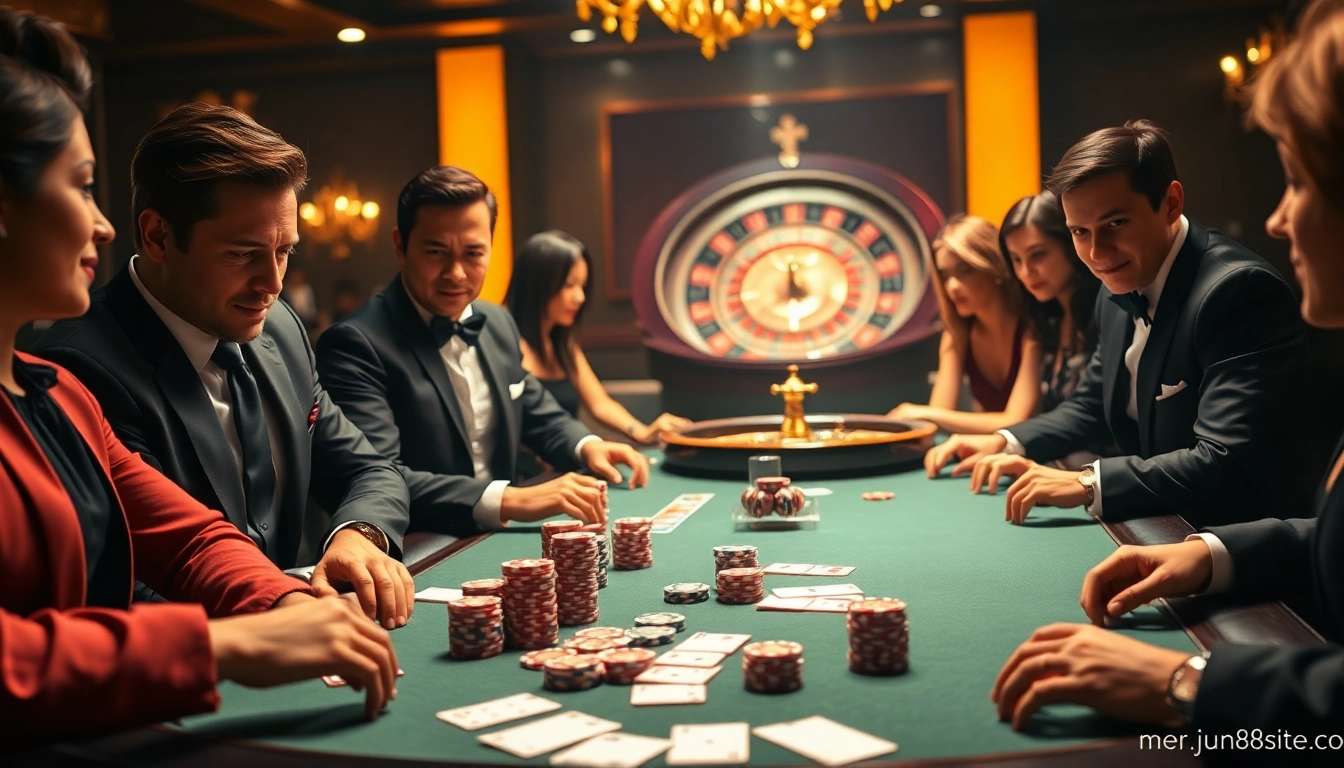 Excited players at a poker table showcasing jun88site.com casino experience.