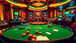 Luck8 players engaging in thrilling casino games at a vibrant gambling table.