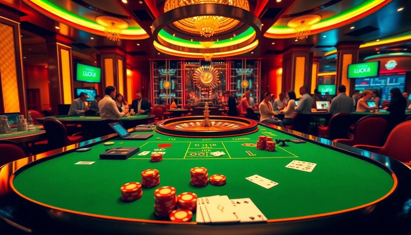 Luck8 players engaging in thrilling casino games at a vibrant gambling table.