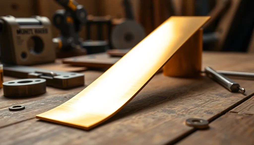 Banda de alamă (platbanda alama) de înaltă calitate pe un banc de lucru, evidențiind măiestria.