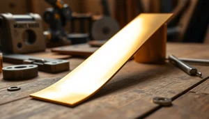 Banda de alamă (platbanda alama) de înaltă calitate pe un banc de lucru, evidențiind măiestria.