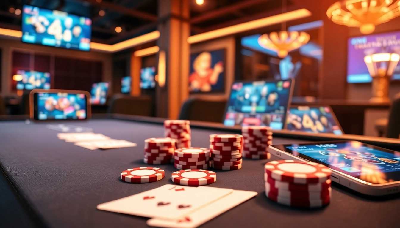 A vibrant online gambling scene highlighting IDN poker with dynamic gameplay elements and a professional atmosphere.