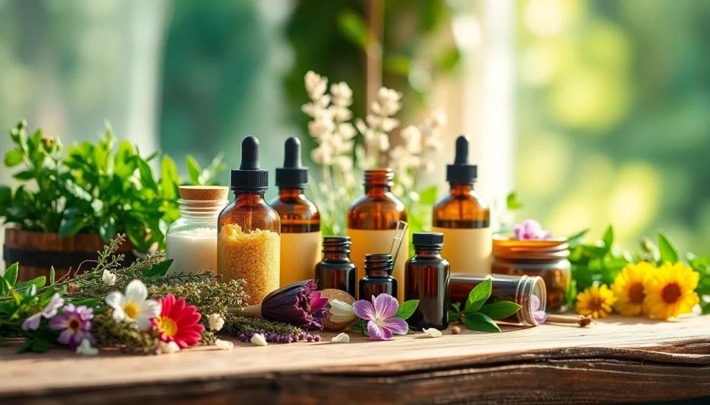 Prikaz prirodne kozmetike sa svežim biljkama i eteričnim uljima.