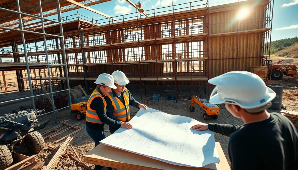 Workers collaborate on colorado construction news at a bustling site under natural light.
