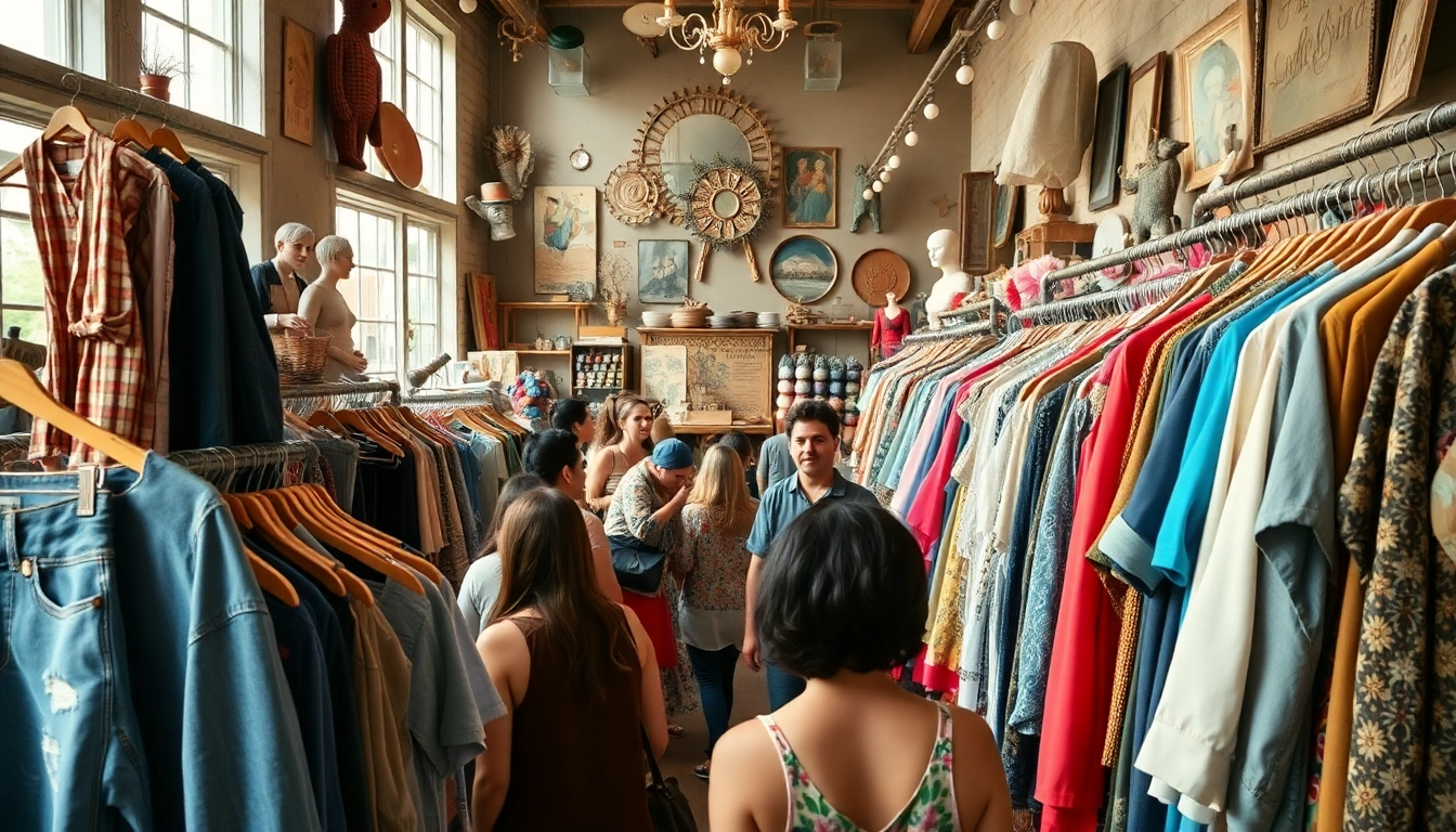 Customers exploring a second hand clothing store with unique vintage garments on display.