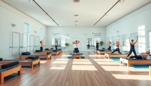 活気ある参加者がいるモダンなスタジオで、おすすめのピラティス・ワークアウトを体験する様子。