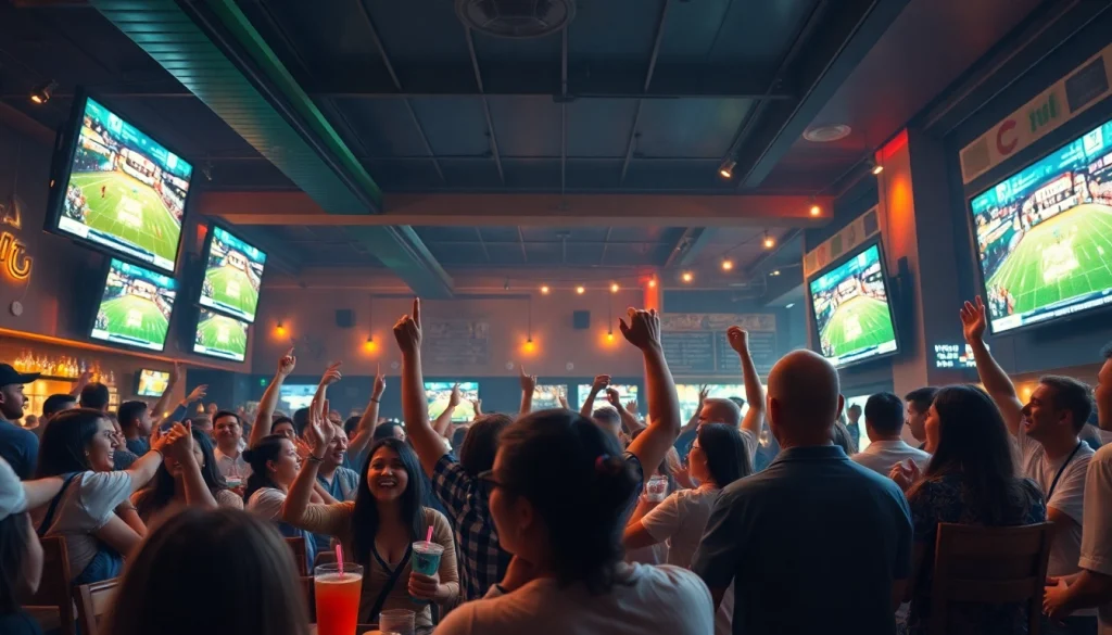 Engaged fans watching live sports on 토토티비 in a lively sports bar setting