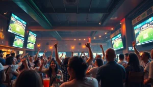 Engaged fans watching live sports on 토토티비 in a lively sports bar setting