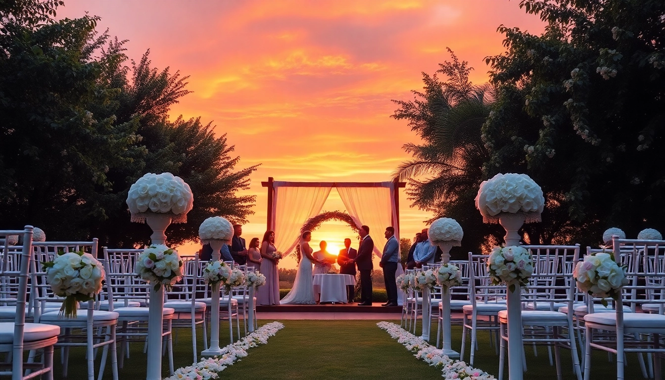 Stunning Weddings Venue with floral decor and sunset backdrop, creating a romantic atmosphere.