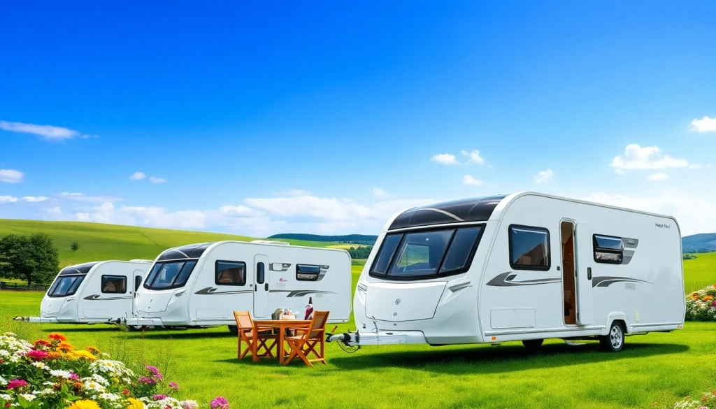 Hugh Daly Caravans in a scenic countryside, highlighting modern designs amidst green fields.