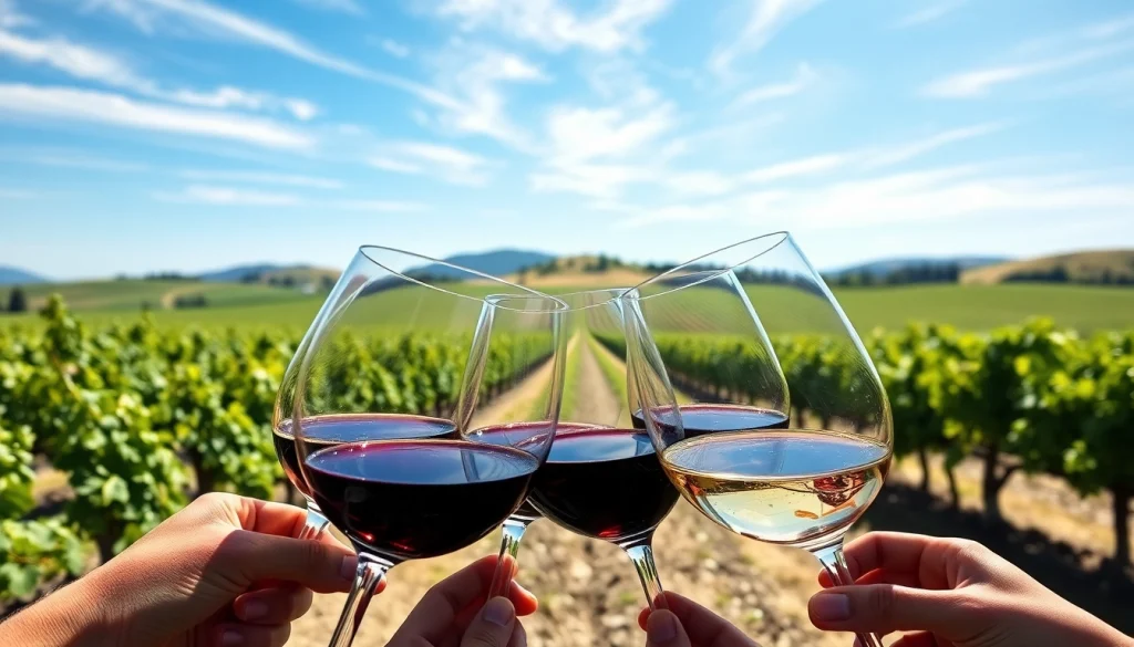 Enjoy a Clarksburg wine tasting with friends celebrating over clinking glasses in a vineyard.