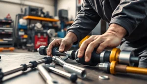 Technician providing mobile hydraulic services with tools in a workshop.