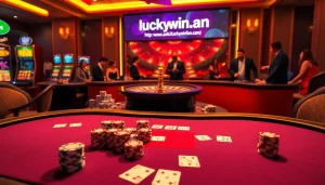 Experience winning at https://luckywin.fan/ with an exciting casino scene featuring poker tables and roulette wheels.