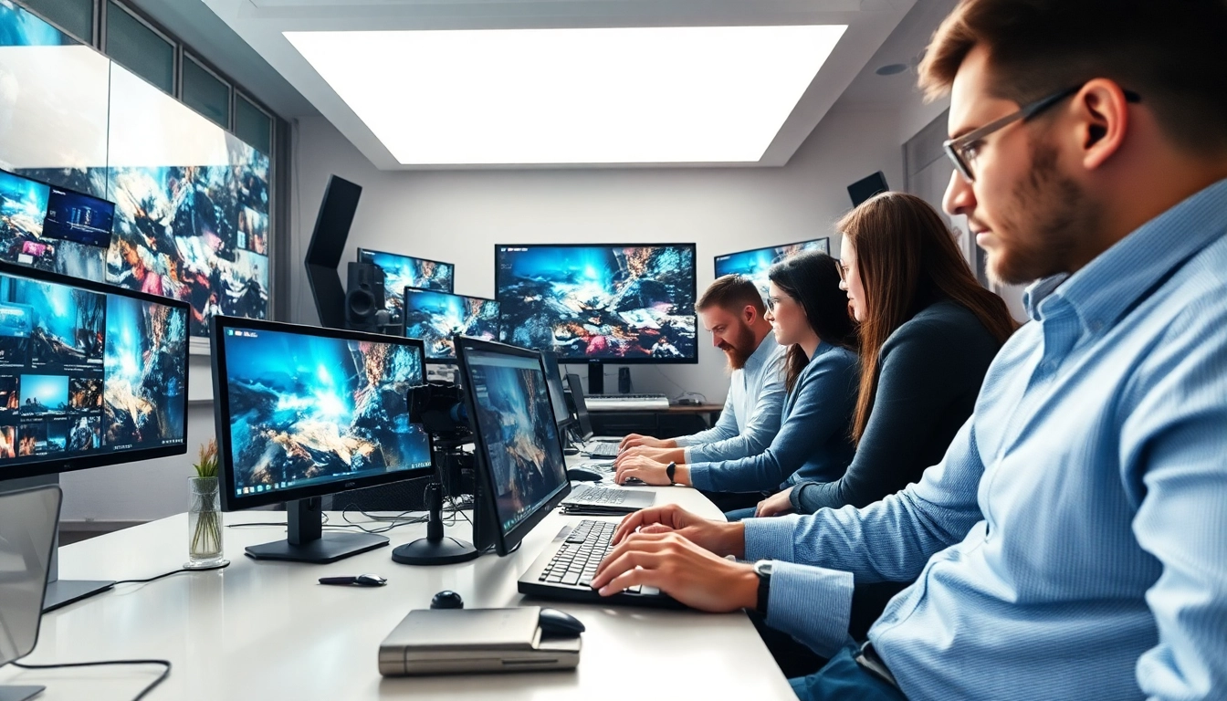 Creating engaging content at Klynt with a collaborative team in a modern digital studio.