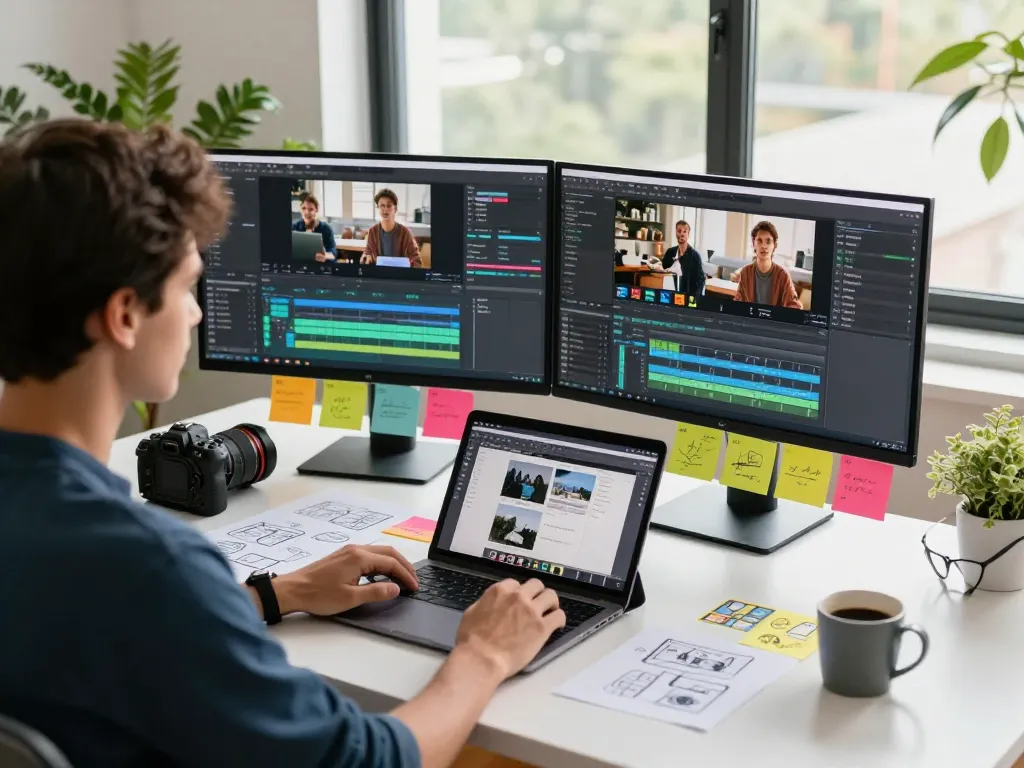 Video to prompt workspace with a professional generating AI video prompts at a modern desk.