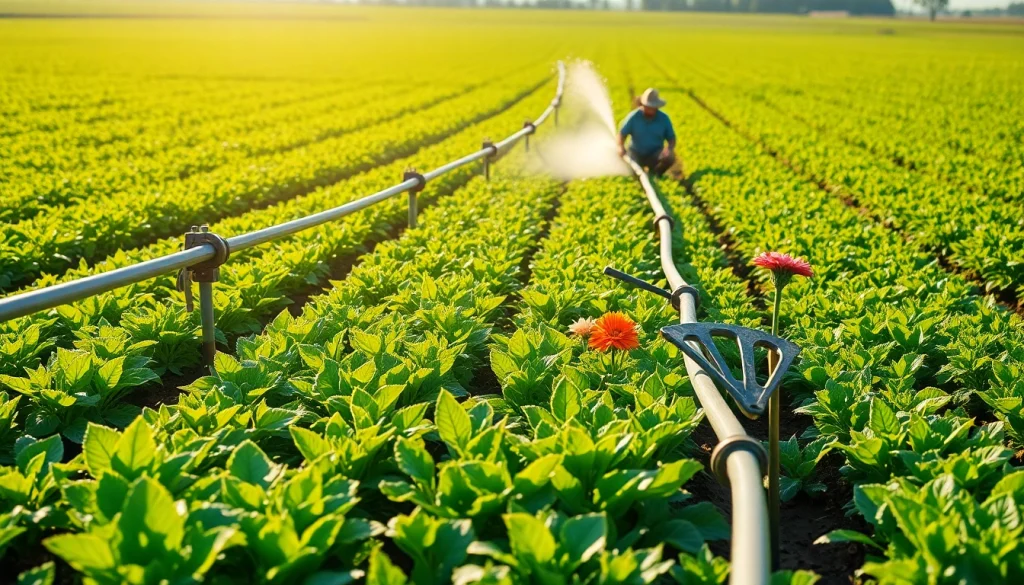 Land irrigation system maintaining crops efficiently in a bright agricultural field.