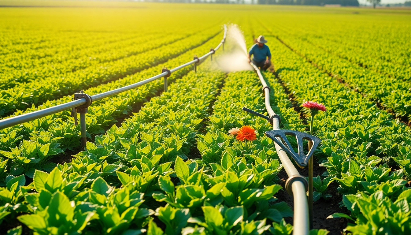 Land irrigation system maintaining crops efficiently in a bright agricultural field.
