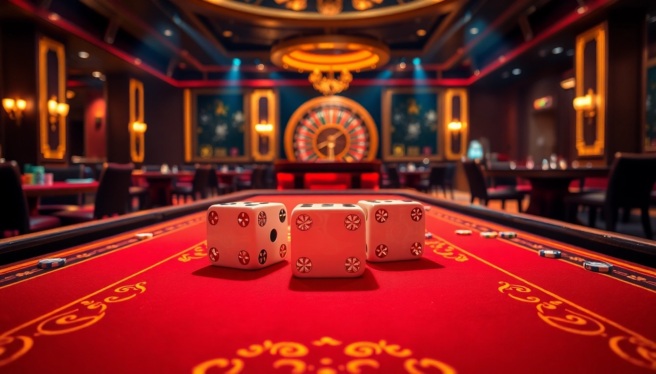 Players enjoying the thrilling Tài Xỉu game at https://taixiumd5.fan/ with vibrant casino ambiance and rolling dice.