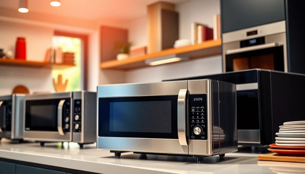 Showcasing microwave oven sales with various models in a modern kitchen setup, highlighting their stylish designs.