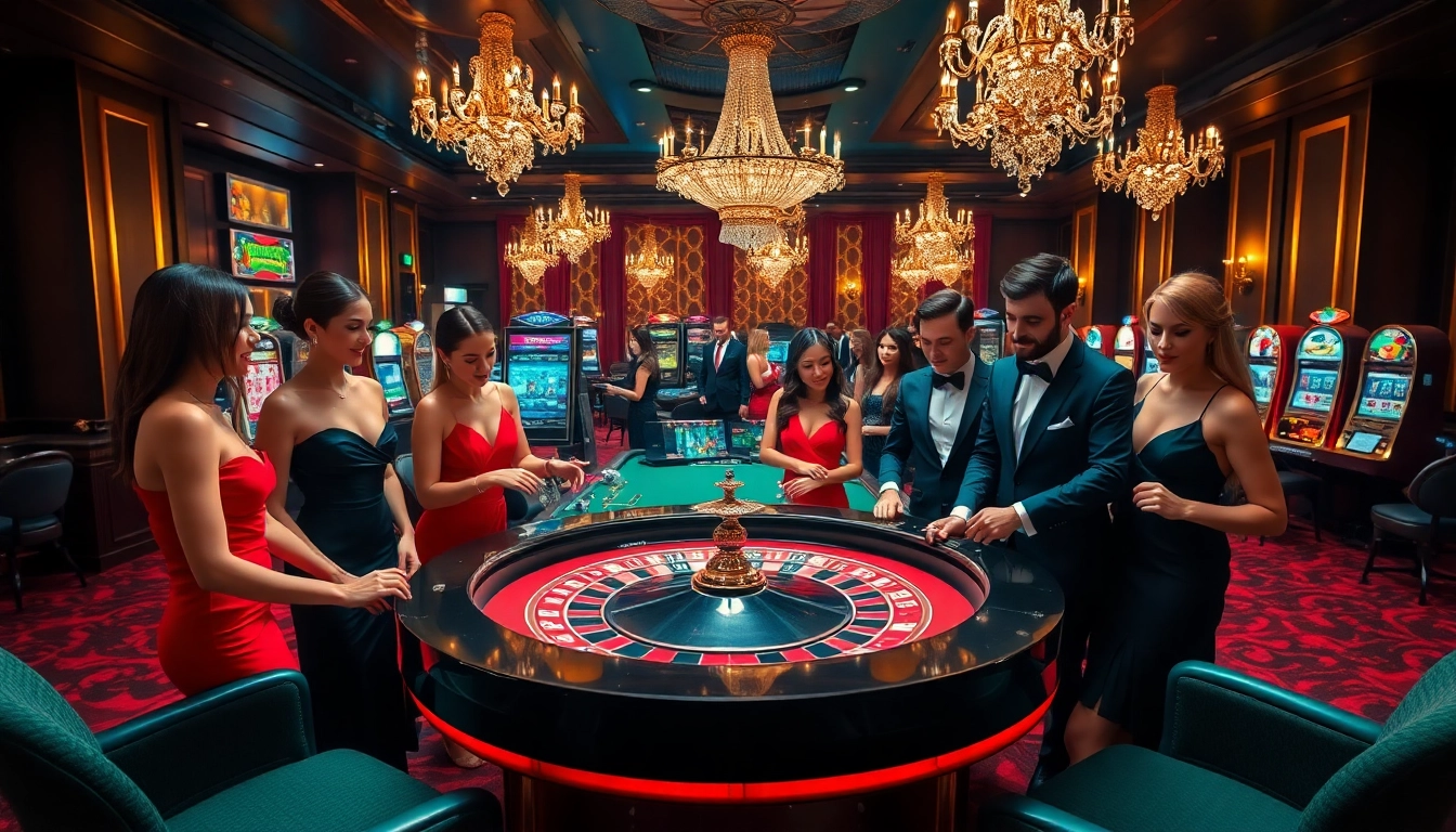 Une scène vivante de casino en ligne avec des joueurs célébrant des gains autour d'une table de roulette remplie de jetons de poker et de cartes.