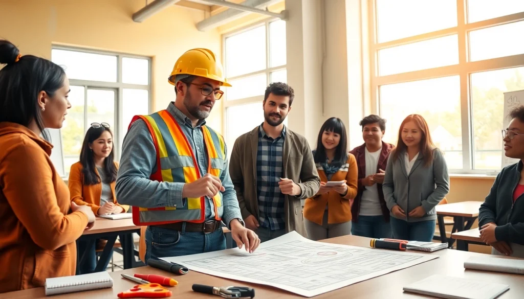 Engaging construction education session focusing on hands-on training in a modern classroom.
