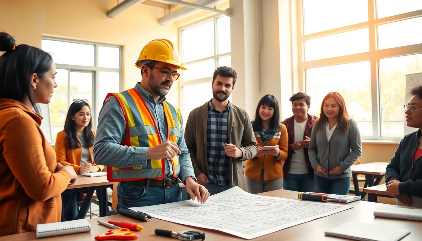 Engaging construction education session focusing on hands-on training in a modern classroom.