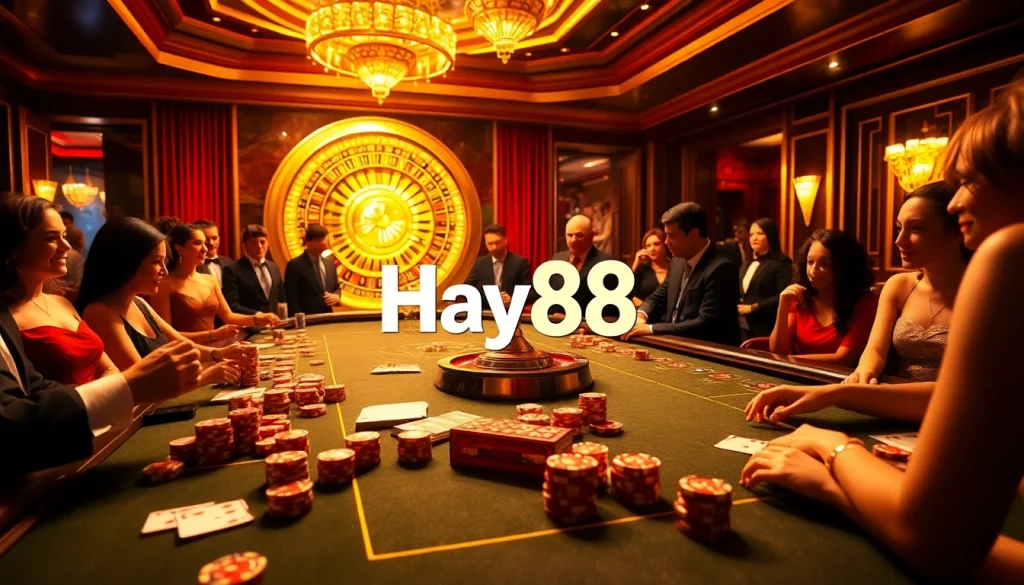 Participate in thrilling casino games at Hay88 with vibrant tables and engaging players.