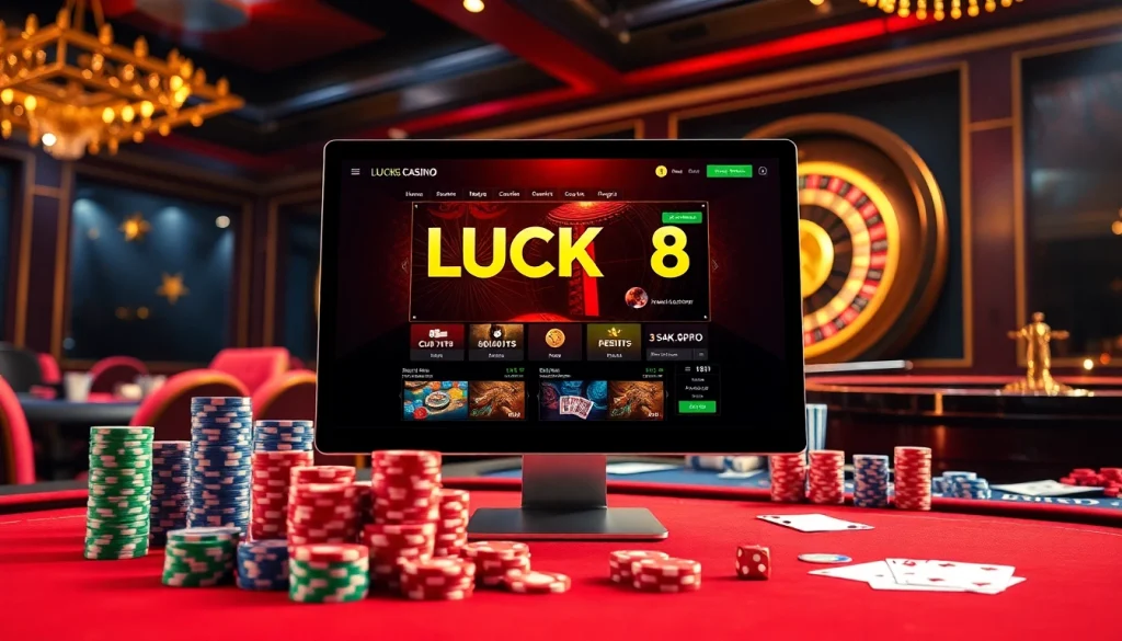 Players engage in LUCK8 casino games with vibrant poker chips and roulette wheels.