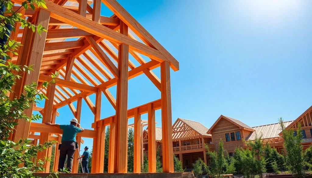 Workers assembling timber frame solutions in a vibrant construction site surrounded by nature.