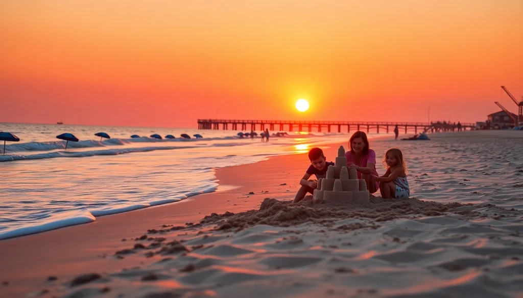 Enjoy a family building sandcastles at Myrtle Beach's vibrant shoreline with sunset hues.