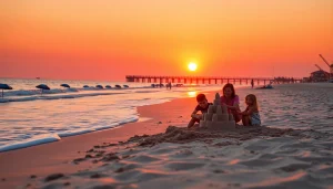 Enjoy a family building sandcastles at Myrtle Beach's vibrant shoreline with sunset hues.