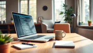 Engaged software engineer exploring remote python jobs while coding in a cozy home office.