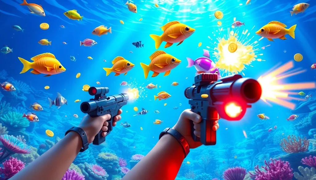 Bắn cá đổi thưởng game scene with players aiming at colorful fish in a vibrant underwater environment.