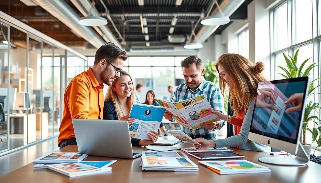 Engaging view of Atlas Direct Mail marketing team collaborating over creative materials.