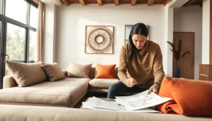 projektant wnętrz aranżujący nowoczesną przestrzeń salonu z dekoracyjną sztuką.