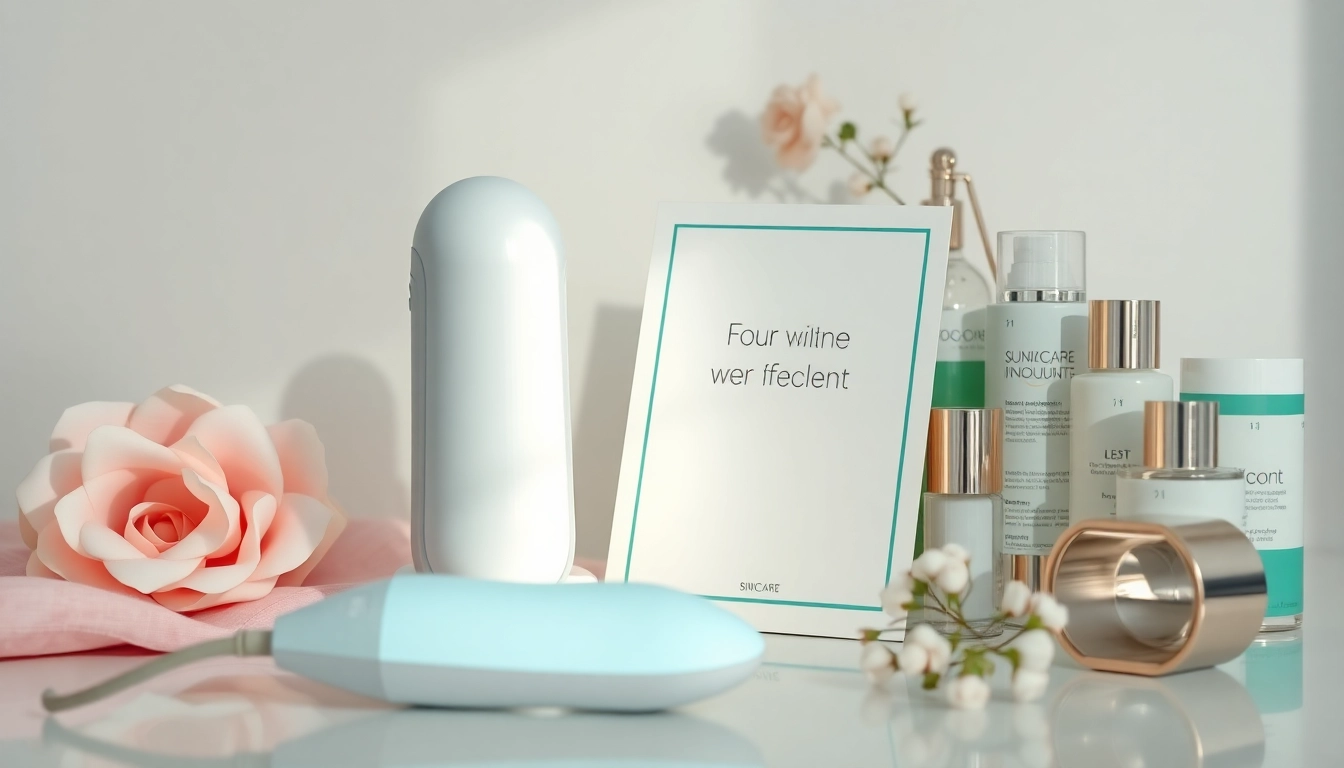 Facial whitening instrument manual displayed with skincare products in a serene setup.