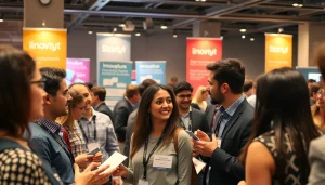 Engaged attendees networking at a startup innovation conference, showcasing collaboration and ideas.