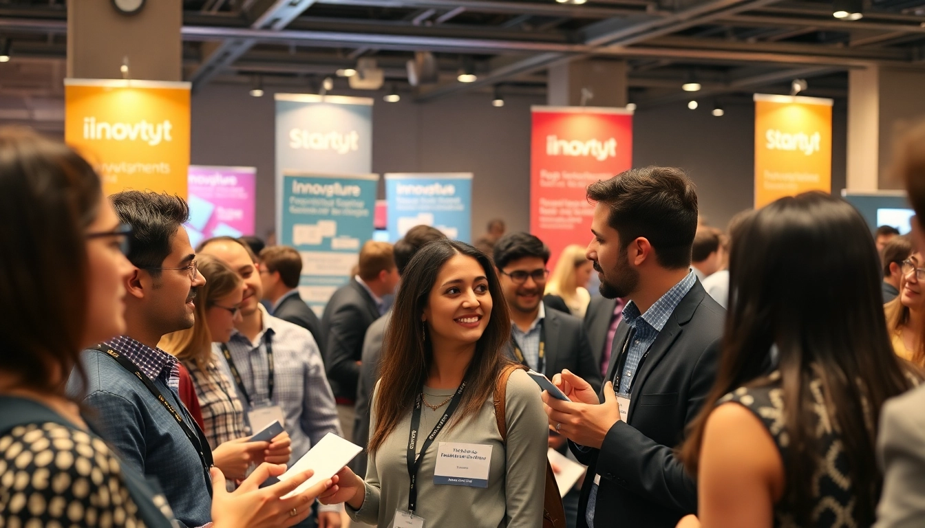 Engaged attendees networking at a startup innovation conference, showcasing collaboration and ideas.