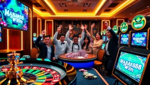 MABAR88 Win ditampilkan dalam adegan kasino yang seru dengan para pemain merayakan kesuksesan permainan online mereka.
